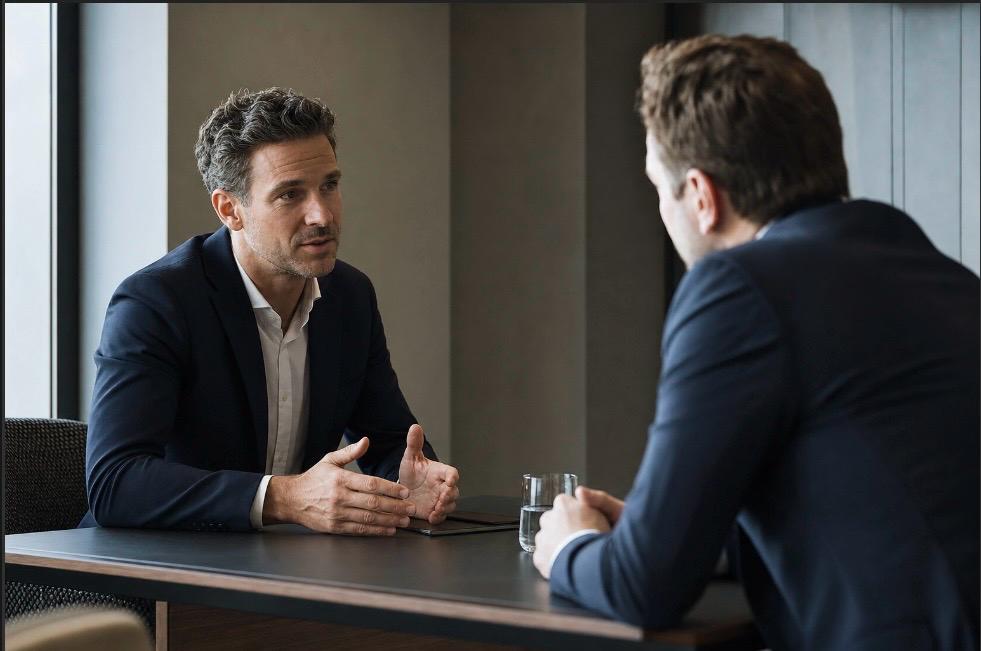 Two advisers in conversation across a table