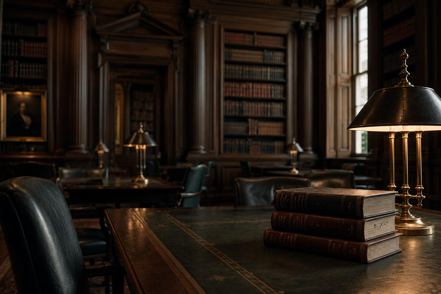 Reference library with brass reading lamp